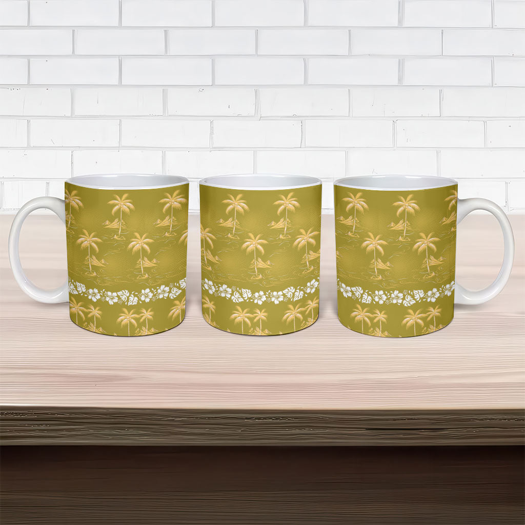 Yellow Hawaii Palm Tree Hibiscus Ceramic Mug Fantasy Summer Vibe