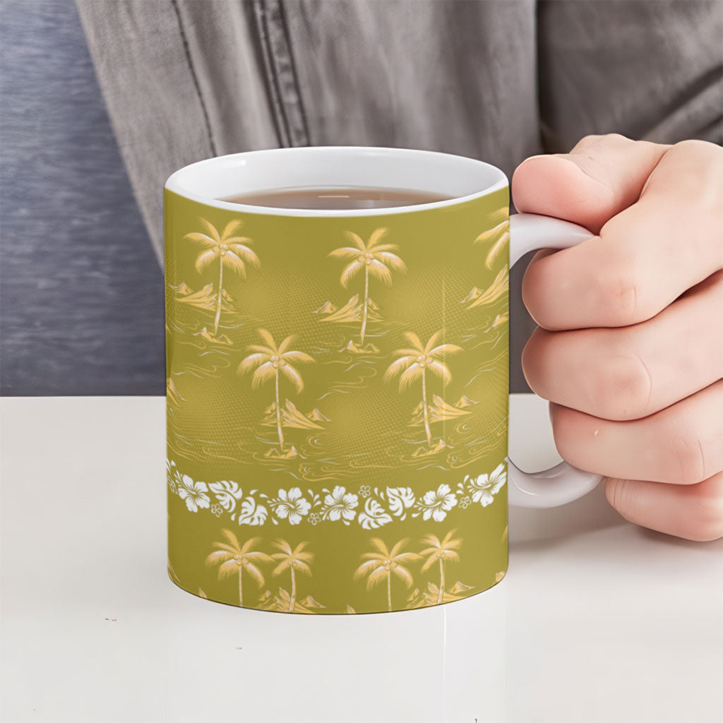 Yellow Hawaii Palm Tree Hibiscus Ceramic Mug Fantasy Summer Vibe