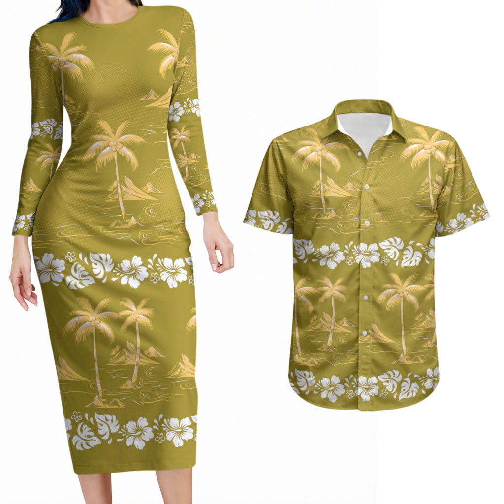 Yellow Hawaii Palm Tree Hibiscus Couples Matching Long Sleeve Bodycon Dress and Hawaiian Shirt Fantasy Summer Vibe