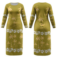 Yellow Hawaii Palm Tree Hibiscus Couples Matching Long Sleeve Bodycon Dress and Hawaiian Shirt Fantasy Summer Vibe LT01 - Polynesian Pride