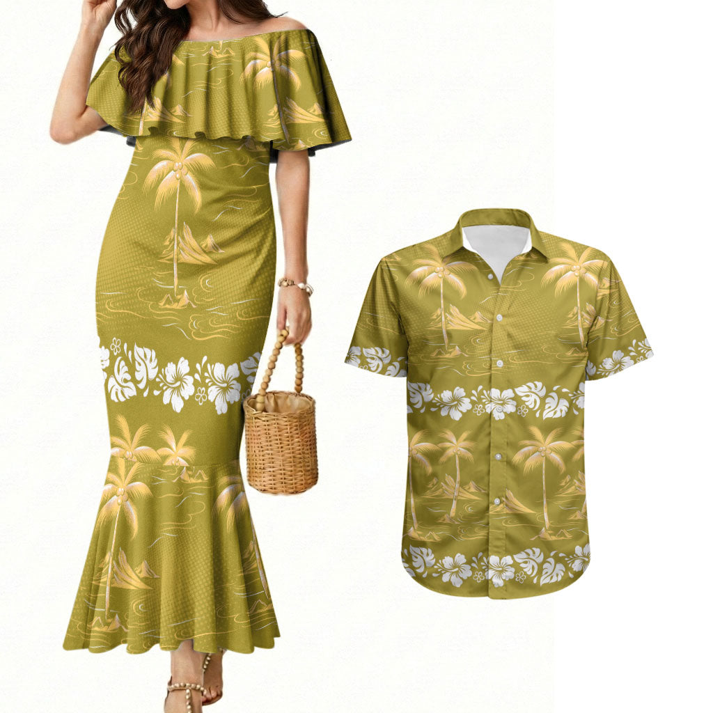 Yellow Hawaii Palm Tree Hibiscus Couples Matching Mermaid Dress and Hawaiian Shirt Fantasy Summer Vibe