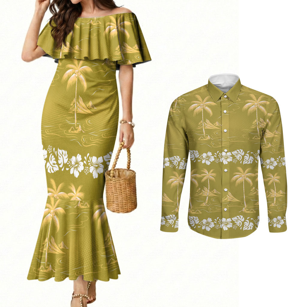 Yellow Hawaii Palm Tree Hibiscus Couples Matching Mermaid Dress and Long Sleeve Button Shirt Fantasy Summer Vibe