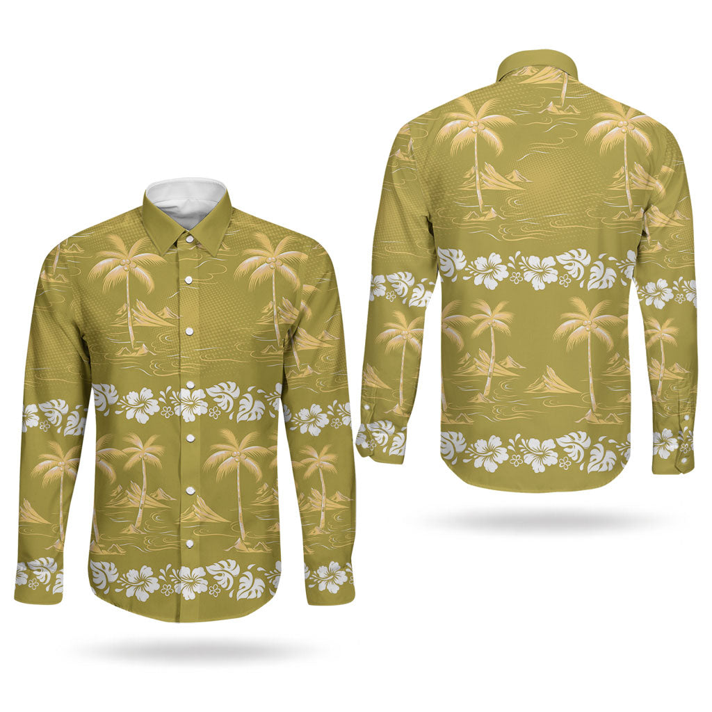 Yellow Hawaii Palm Tree Hibiscus Couples Matching Mermaid Dress and Long Sleeve Button Shirt Fantasy Summer Vibe