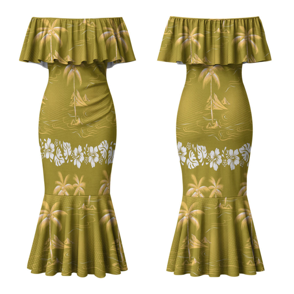 Yellow Hawaii Palm Tree Hibiscus Couples Matching Mermaid Dress and Long Sleeve Button Shirt Fantasy Summer Vibe