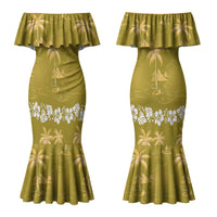 Yellow Hawaii Palm Tree Hibiscus Couples Matching Mermaid Dress and Long Sleeve Button Shirt Fantasy Summer Vibe