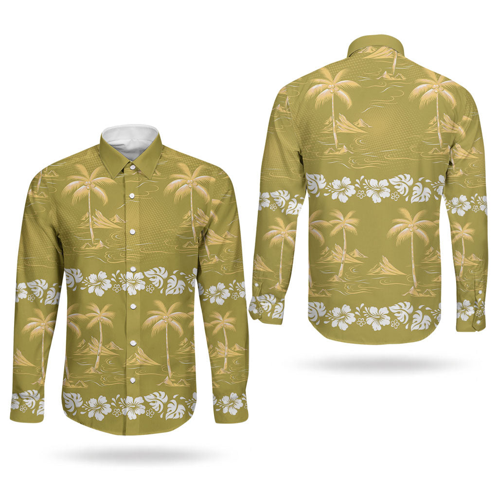 Yellow Hawaii Palm Tree Hibiscus Couples Matching Off Shoulder Maxi Dress and Long Sleeve Button Shirt Fantasy Summer Vibe