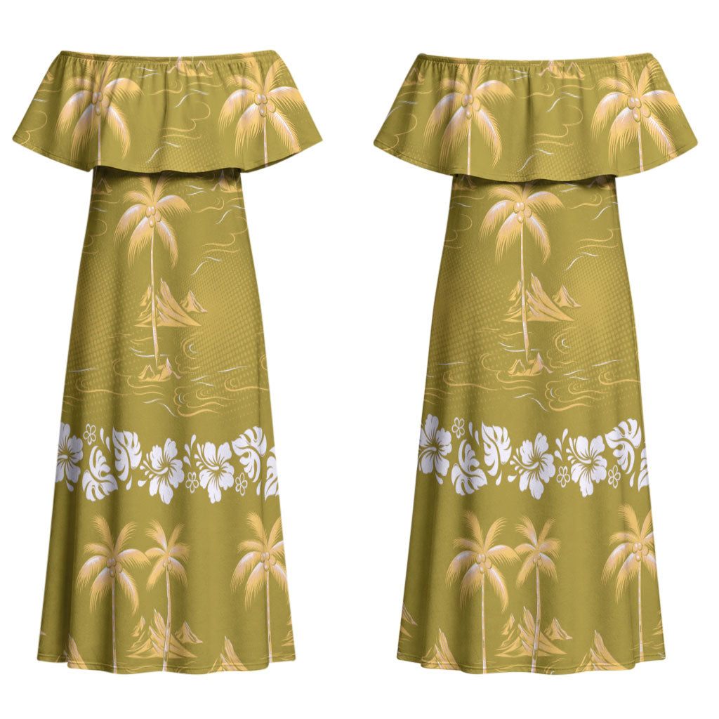 Yellow Hawaii Palm Tree Hibiscus Couples Matching Off Shoulder Maxi Dress and Long Sleeve Button Shirt Fantasy Summer Vibe