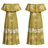 Yellow Hawaii Palm Tree Hibiscus Couples Matching Off Shoulder Maxi Dress and Long Sleeve Button Shirt Fantasy Summer Vibe