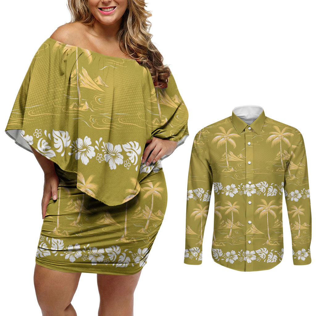 Yellow Hawaii Palm Tree Hibiscus Couples Matching Off Shoulder Short Dress and Long Sleeve Button Shirt Fantasy Summer Vibe