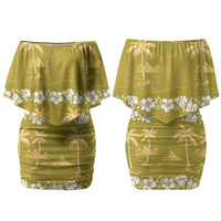 Yellow Hawaii Palm Tree Hibiscus Couples Matching Off Shoulder Short Dress and Long Sleeve Button Shirt Fantasy Summer Vibe