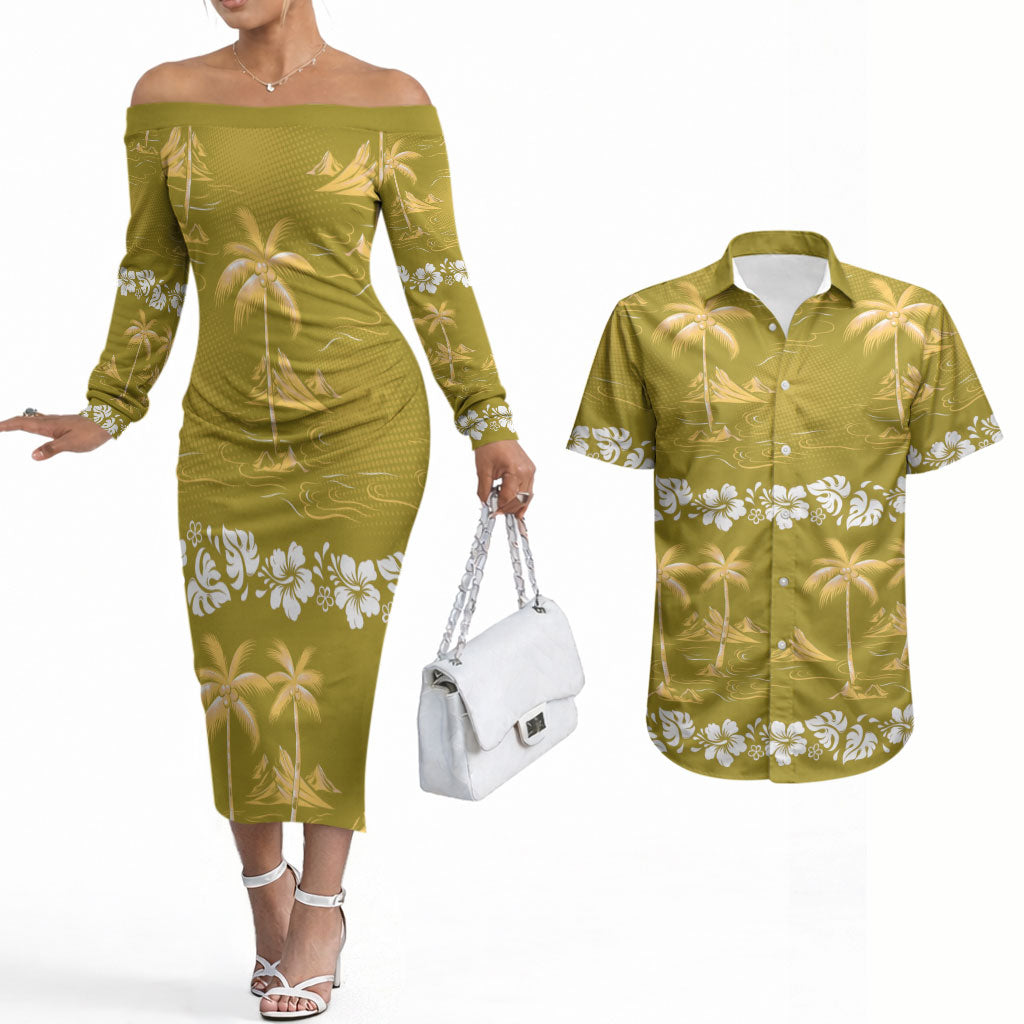 Yellow Hawaii Palm Tree Hibiscus Couples Matching Off The Shoulder Long Sleeve Dress and Hawaiian Shirt Fantasy Summer Vibe