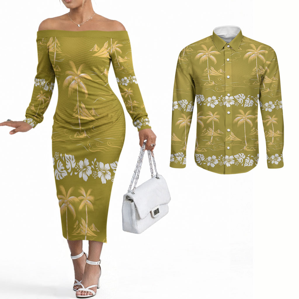 Yellow Hawaii Palm Tree Hibiscus Couples Matching Off The Shoulder Long Sleeve Dress and Long Sleeve Button Shirt Fantasy Summer Vibe LT01 Yellow - Polynesian Pride