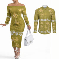 Yellow Hawaii Palm Tree Hibiscus Couples Matching Off The Shoulder Long Sleeve Dress and Long Sleeve Button Shirt Fantasy Summer Vibe LT01 Yellow - Polynesian Pride