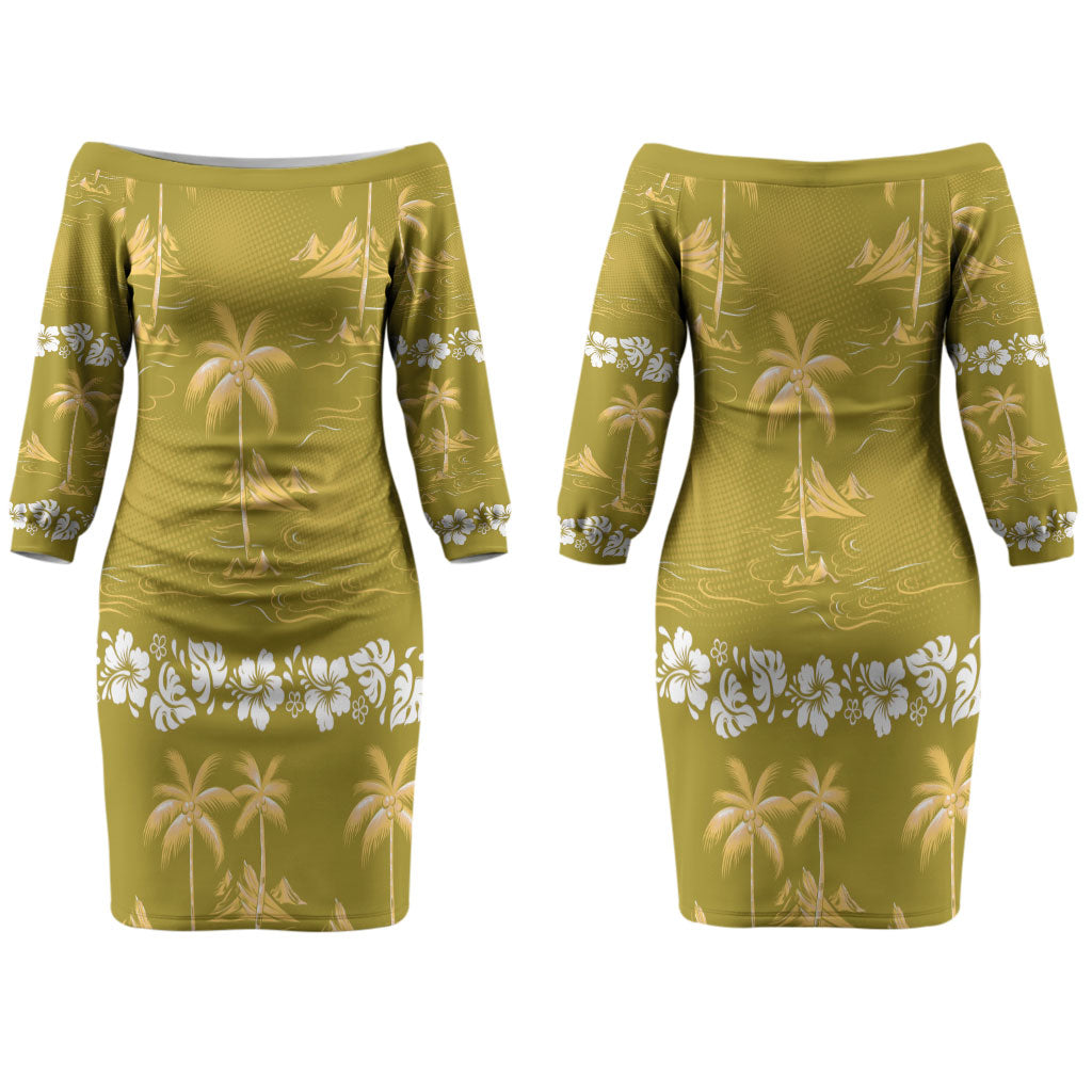 Yellow Hawaii Palm Tree Hibiscus Couples Matching Off The Shoulder Long Sleeve Dress and Long Sleeve Button Shirt Fantasy Summer Vibe LT01 - Polynesian Pride