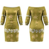 Yellow Hawaii Palm Tree Hibiscus Couples Matching Off The Shoulder Long Sleeve Dress and Long Sleeve Button Shirt Fantasy Summer Vibe LT01 - Polynesian Pride