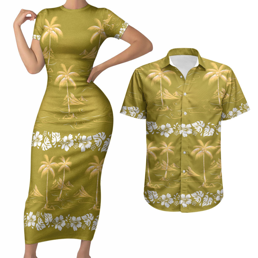 Yellow Hawaii Palm Tree Hibiscus Couples Matching Short Sleeve Bodycon Dress and Hawaiian Shirt Fantasy Summer Vibe