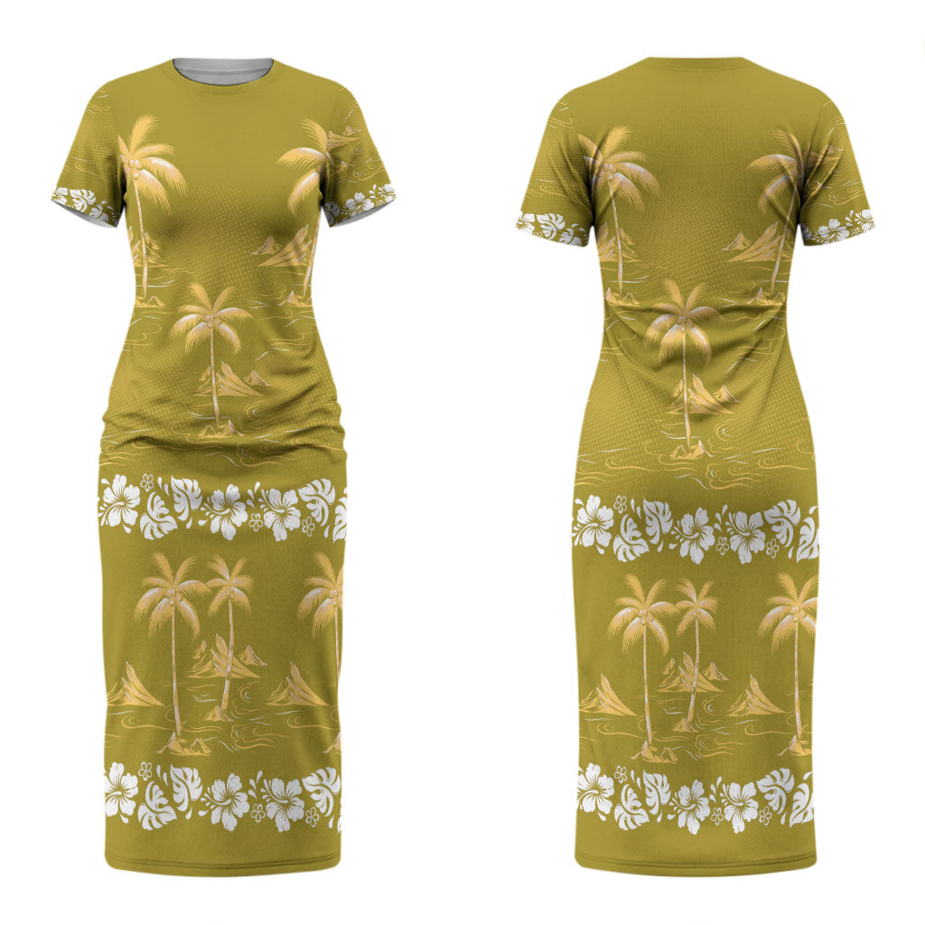Yellow Hawaii Palm Tree Hibiscus Couples Matching Short Sleeve Bodycon Dress and Hawaiian Shirt Fantasy Summer Vibe LT01 - Polynesian Pride