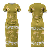 Yellow Hawaii Palm Tree Hibiscus Couples Matching Short Sleeve Bodycon Dress and Hawaiian Shirt Fantasy Summer Vibe LT01 - Polynesian Pride