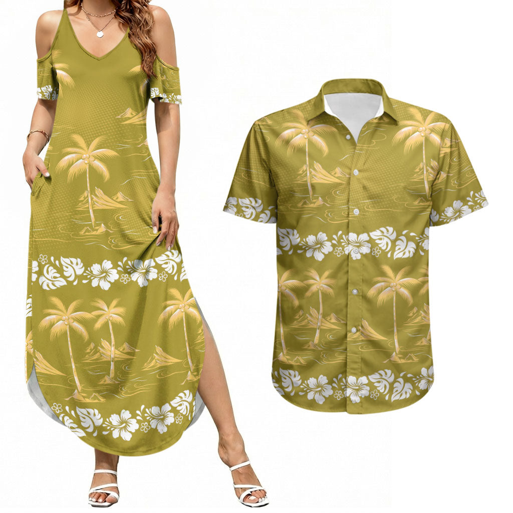 Yellow Hawaii Palm Tree Hibiscus Couples Matching Summer Maxi Dress and Hawaiian Shirt Fantasy Summer Vibe LT01 Yellow - Polynesian Pride