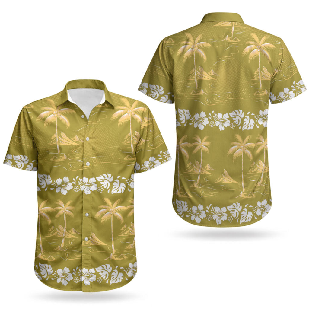 Yellow Hawaii Palm Tree Hibiscus Couples Matching Summer Maxi Dress and Hawaiian Shirt Fantasy Summer Vibe LT01 - Polynesian Pride