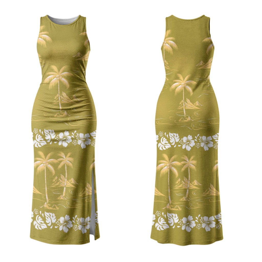 Yellow Hawaii Palm Tree Hibiscus Couples Matching Tank Maxi Dress and Hawaiian Shirt Fantasy Summer Vibe LT01 - Polynesian Pride