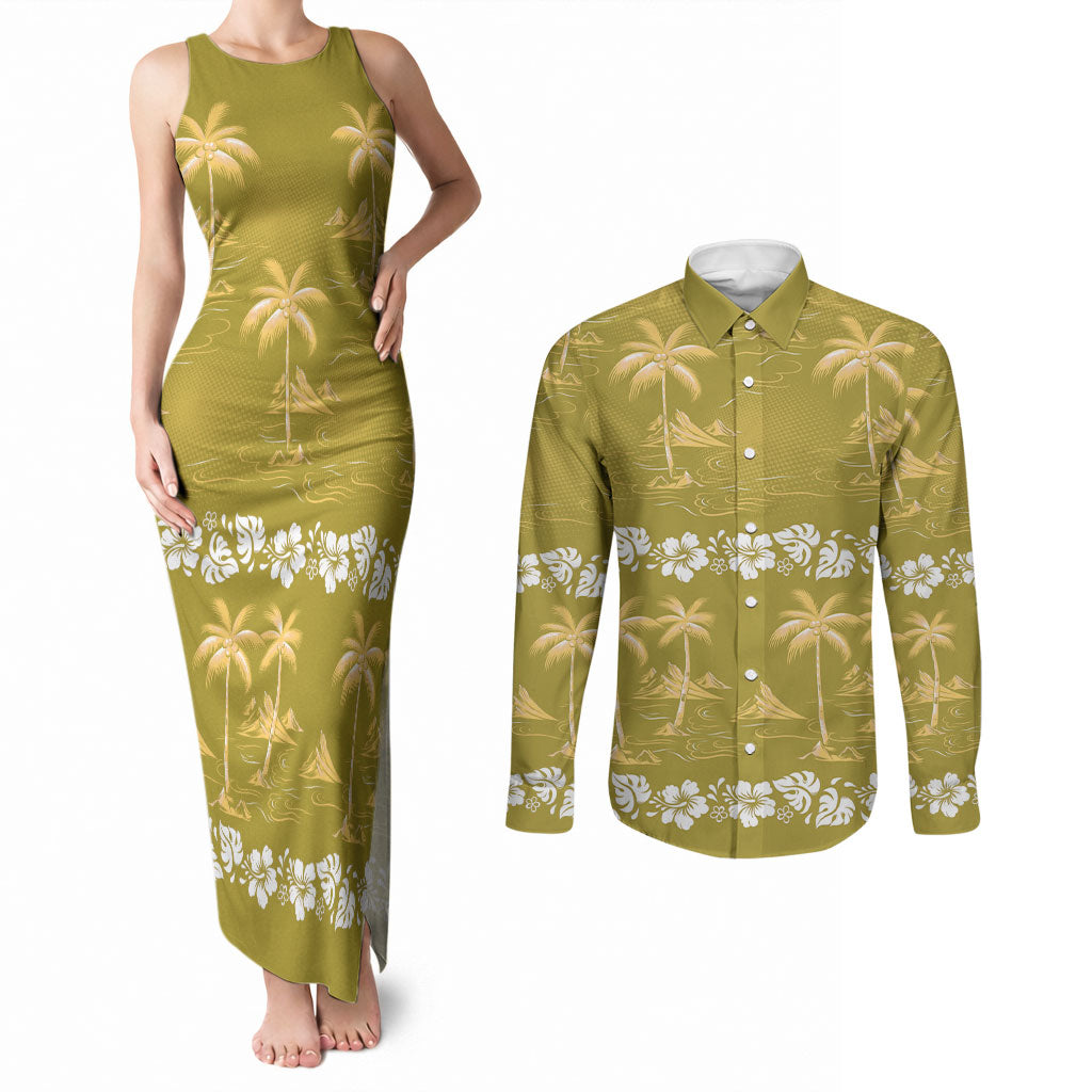 Yellow Hawaii Palm Tree Hibiscus Couples Matching Tank Maxi Dress and Long Sleeve Button Shirt Fantasy Summer Vibe