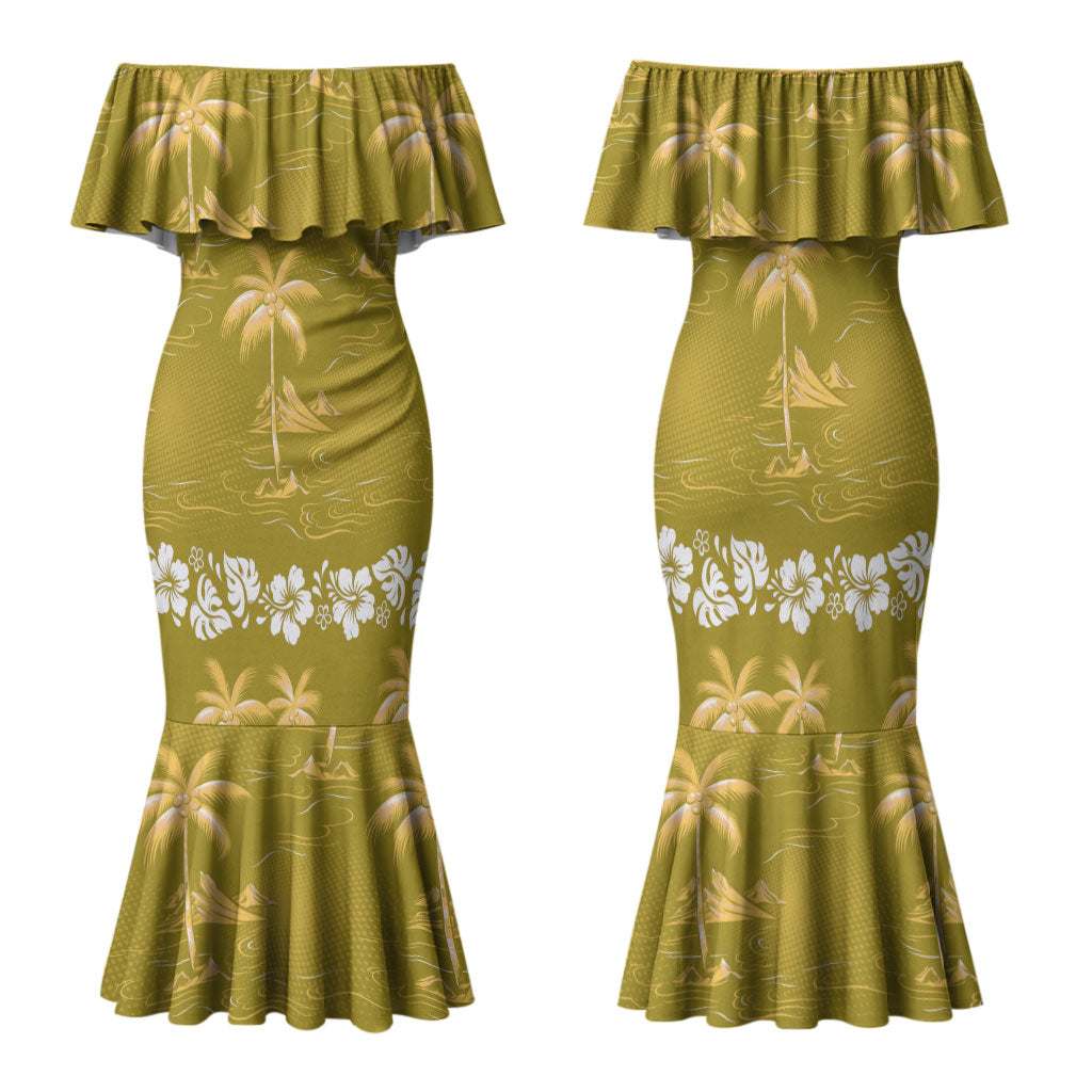 Yellow Hawaii Palm Tree Hibiscus Family Matching Mermaid Dress and Hawaiian Shirt Fantasy Summer Vibe LT01 Mom's Dress Yellow - Polynesian Pride