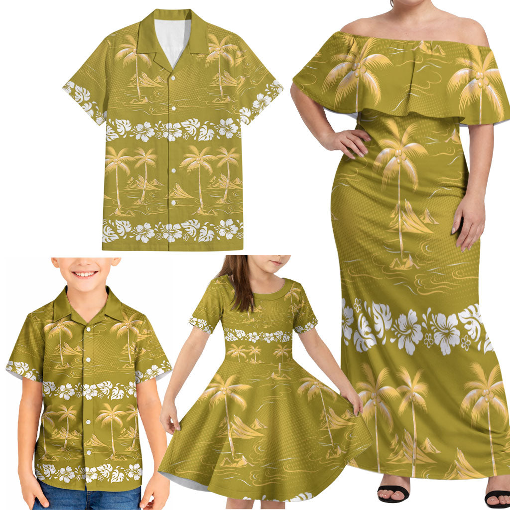 Yellow Hawaii Palm Tree Hibiscus Family Matching Off Shoulder Maxi Dress and Hawaiian Shirt Fantasy Summer Vibe LT01 - Polynesian Pride