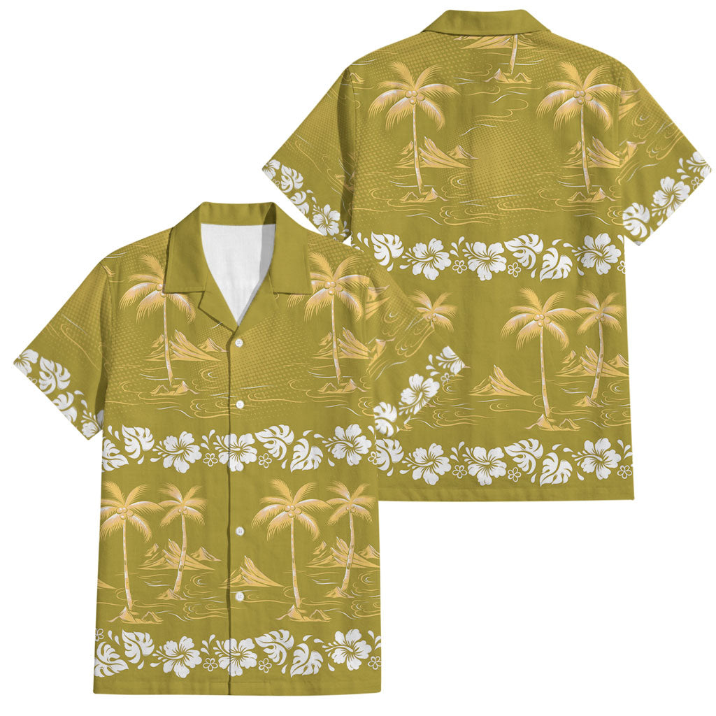 Yellow Hawaii Palm Tree Hibiscus Family Matching Off Shoulder Maxi Dress and Hawaiian Shirt Fantasy Summer Vibe LT01 Dad's Shirt - Short Sleeve Yellow - Polynesian Pride