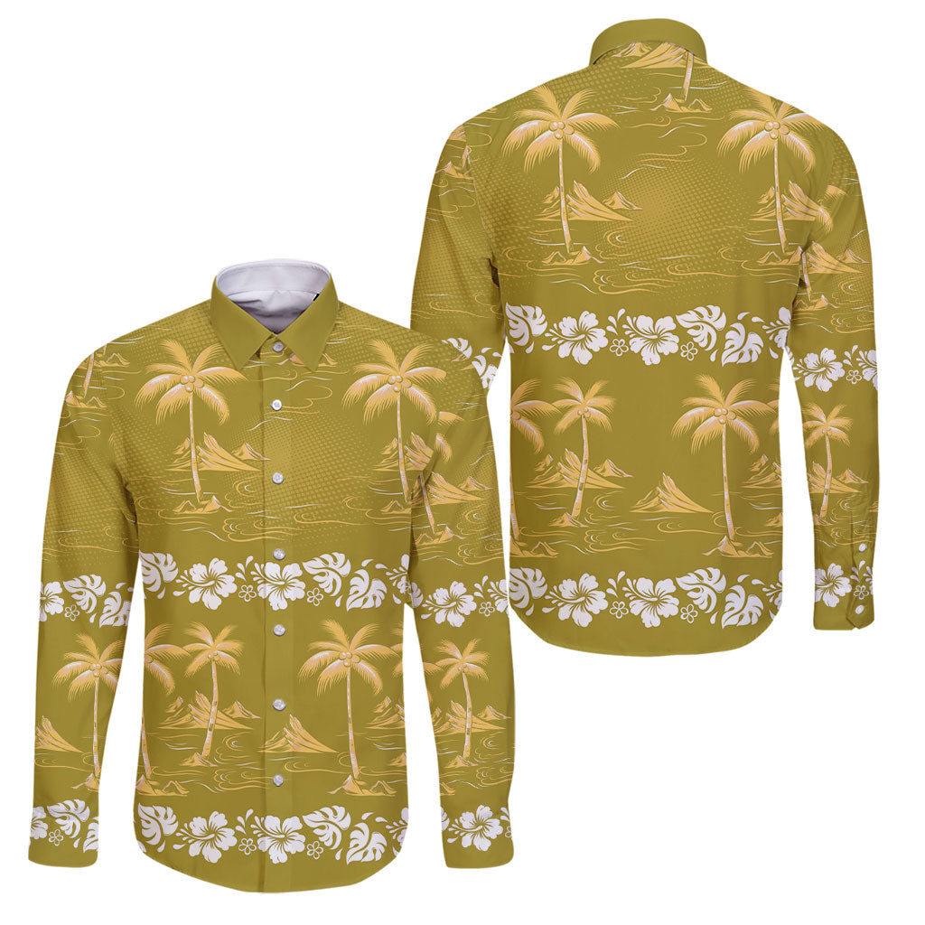 Yellow Hawaii Palm Tree Hibiscus Family Matching Off Shoulder Maxi Dress and Hawaiian Shirt Fantasy Summer Vibe LT01 Dad's Shirt - Long Sleeve Yellow - Polynesian Pride