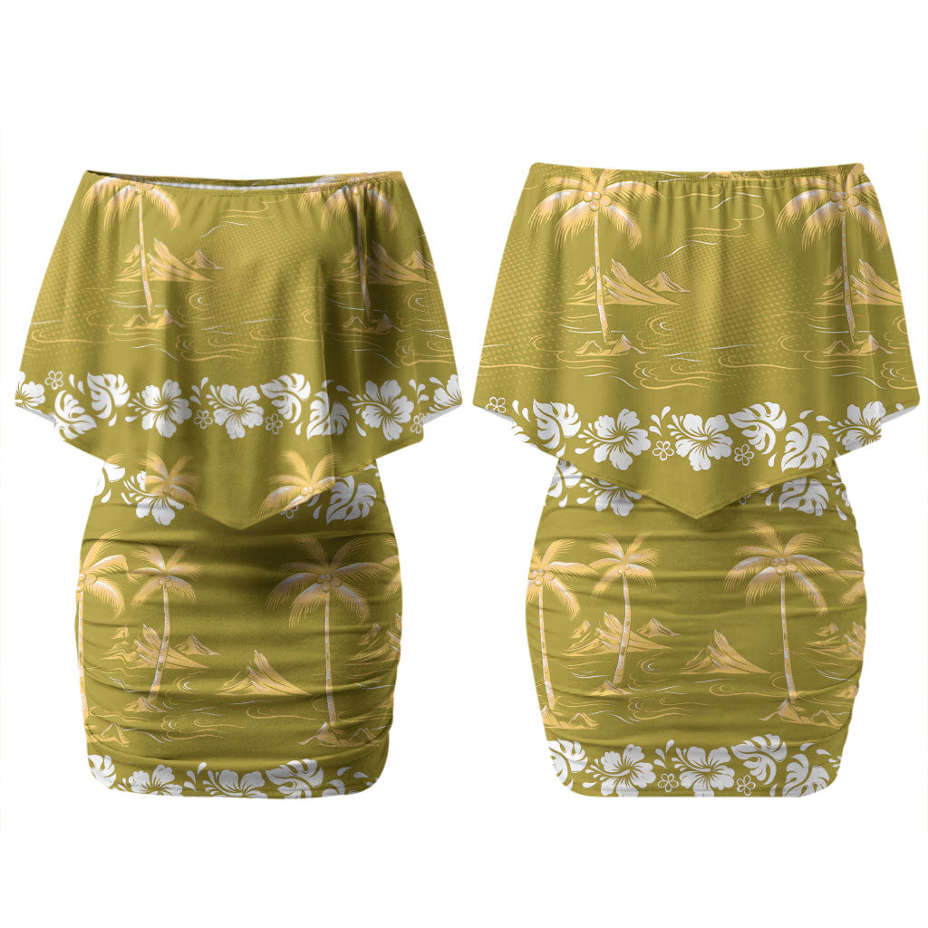 Yellow Hawaii Palm Tree Hibiscus Family Matching Off Shoulder Short Dress and Hawaiian Shirt Fantasy Summer Vibe LT01 Mom's Dress Yellow - Polynesian Pride