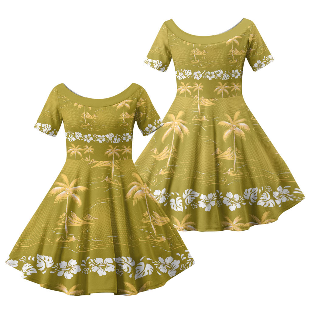Yellow Hawaii Palm Tree Hibiscus Family Matching Off Shoulder Short Dress and Hawaiian Shirt Fantasy Summer Vibe LT01 Daughter's Dress Yellow - Polynesian Pride