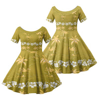 Yellow Hawaii Palm Tree Hibiscus Family Matching Off Shoulder Short Dress and Hawaiian Shirt Fantasy Summer Vibe LT01 Daughter's Dress Yellow - Polynesian Pride
