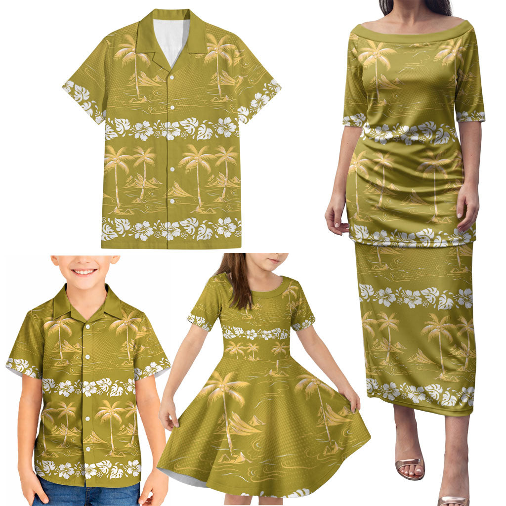 Yellow Hawaii Palm Tree Hibiscus Family Matching Puletasi and Hawaiian Shirt Fantasy Summer Vibe