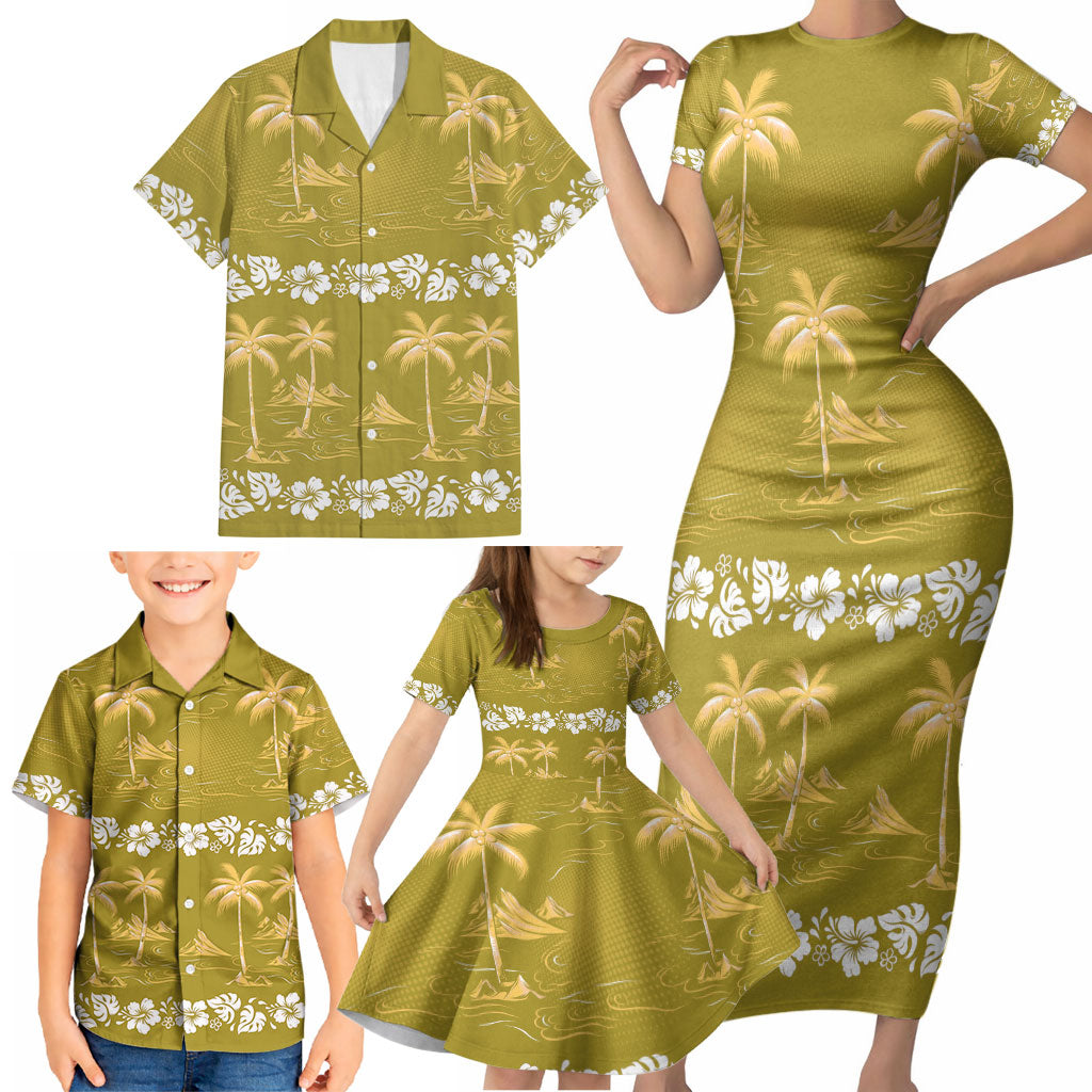 Yellow Hawaii Palm Tree Hibiscus Family Matching Short Sleeve Bodycon Dress and Hawaiian Shirt Fantasy Summer Vibe LT01 - Polynesian Pride