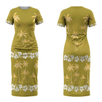 Yellow Hawaii Palm Tree Hibiscus Family Matching Short Sleeve Bodycon Dress and Hawaiian Shirt Fantasy Summer Vibe LT01 Mom's Dress Yellow - Polynesian Pride