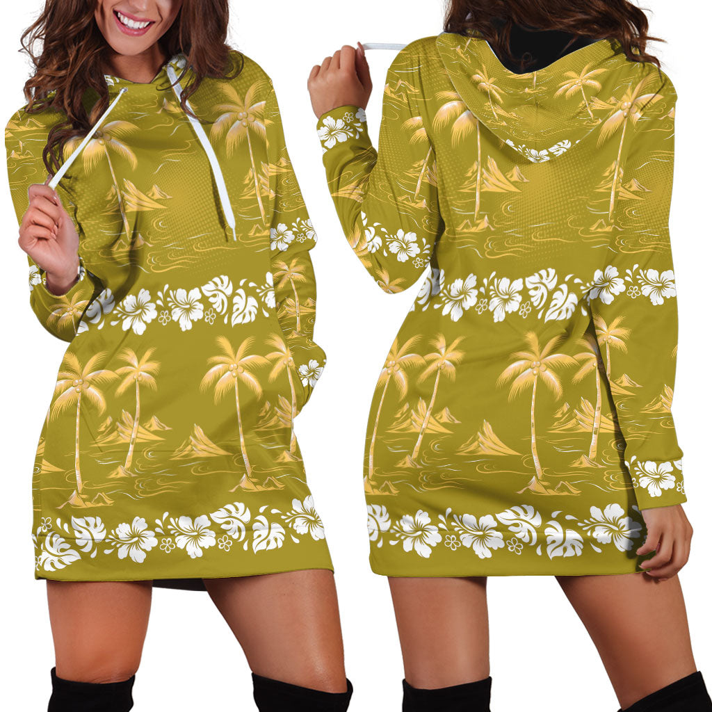 Yellow Hawaii Palm Tree Hibiscus Hoodie Dress Fantasy Summer Vibe LT01 - Polynesian Pride