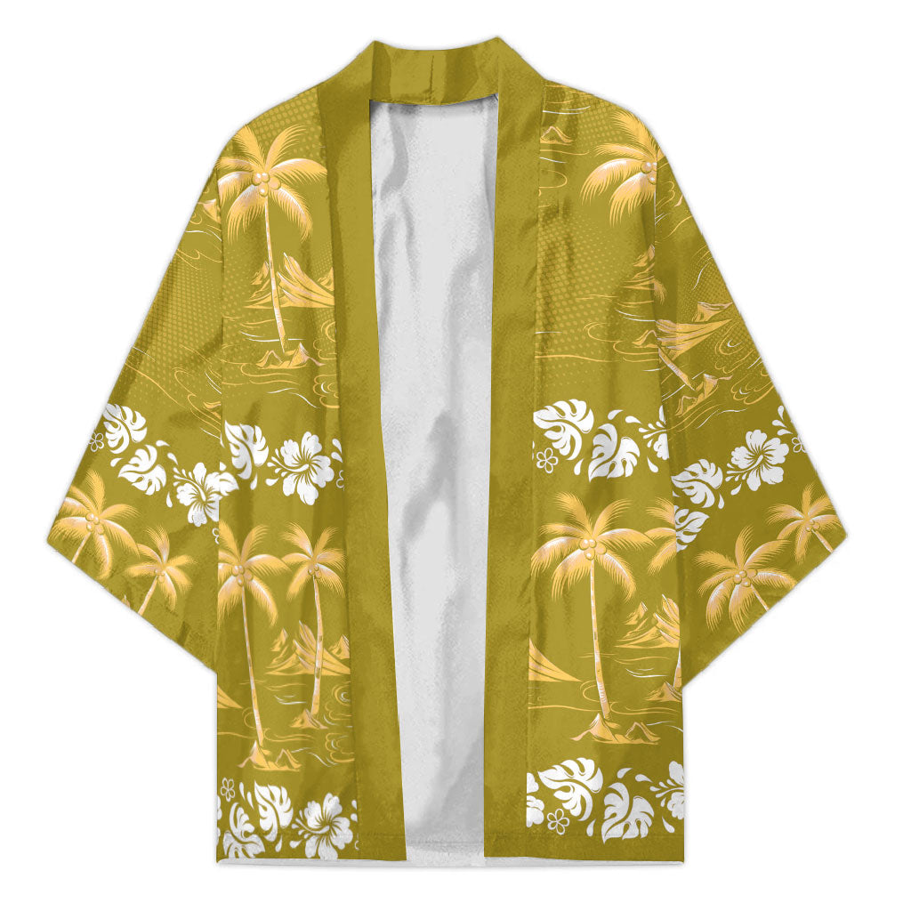 Yellow Hawaii Palm Tree Hibiscus Kimono Fantasy Summer Vibe