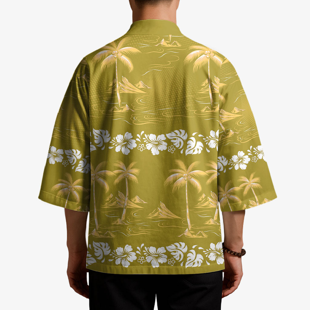 Yellow Hawaii Palm Tree Hibiscus Kimono Fantasy Summer Vibe
