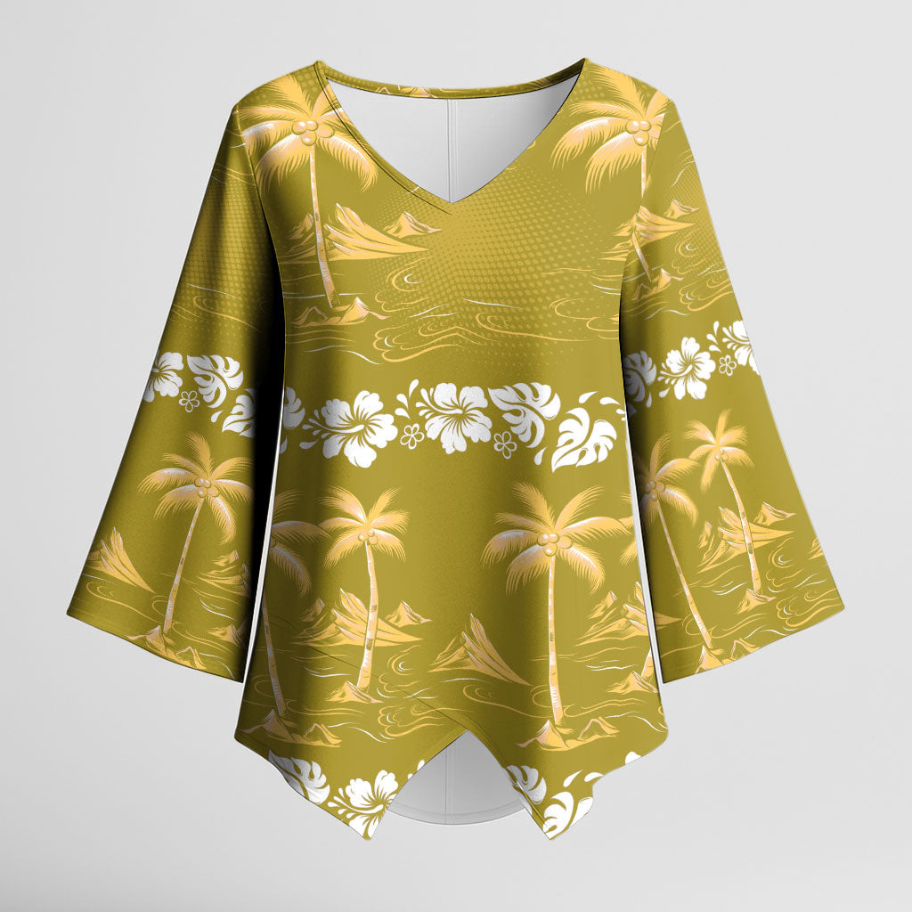 Yellow Hawaii Palm Tree Hibiscus Kimono Sleeve Blouse Fantasy Summer Vibe