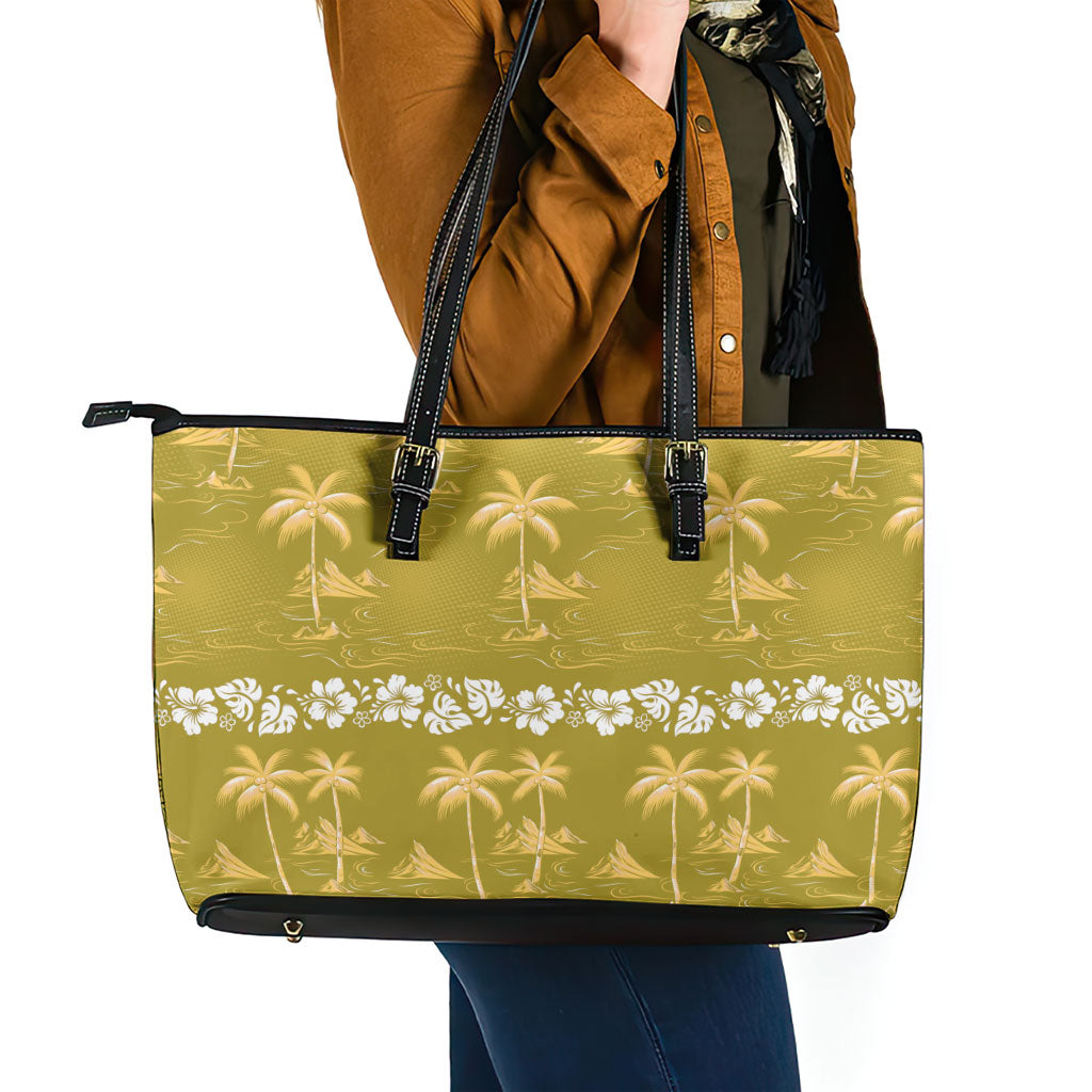 Yellow Hawaii Palm Tree Hibiscus Leather Tote Bag Fantasy Summer Vibe LT01 - Polynesian Pride