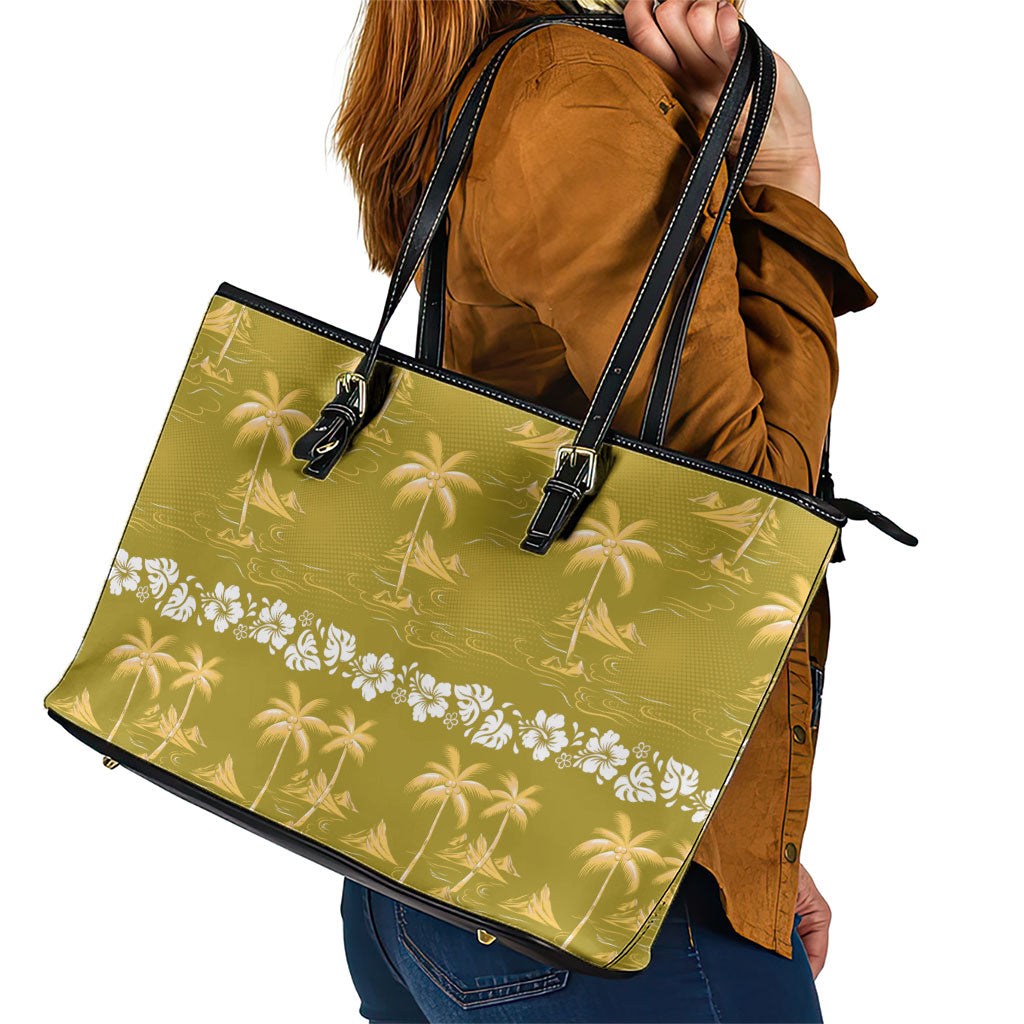 Yellow Hawaii Palm Tree Hibiscus Leather Tote Bag Fantasy Summer Vibe LT01 - Polynesian Pride