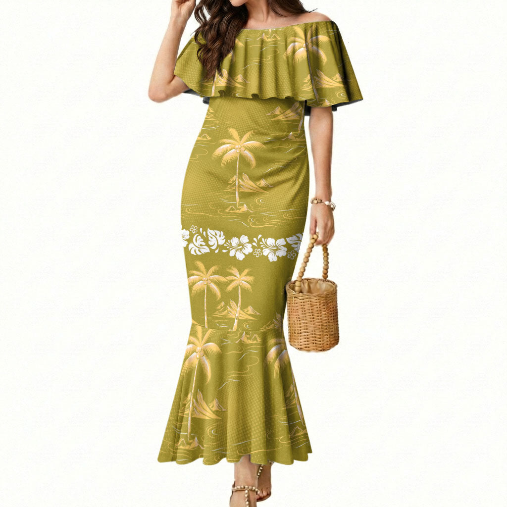 Yellow Hawaii Palm Tree Hibiscus Mermaid Dress Fantasy Summer Vibe