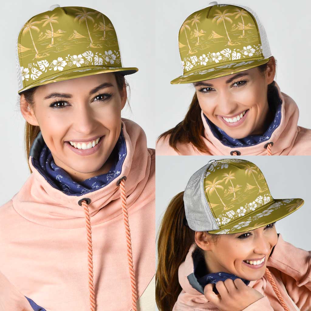 Yellow Hawaii Palm Tree Hibiscus Mesh Trucker Cap Fantasy Summer Vibe LT01 - Polynesian Pride