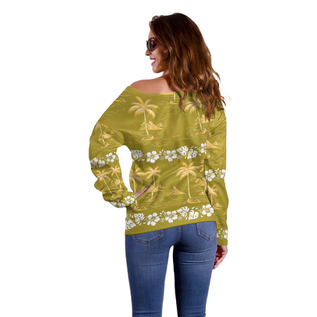 Yellow Hawaii Palm Tree Hibiscus Off Shoulder Sweater Fantasy Summer Vibe LT01 - Polynesian Pride