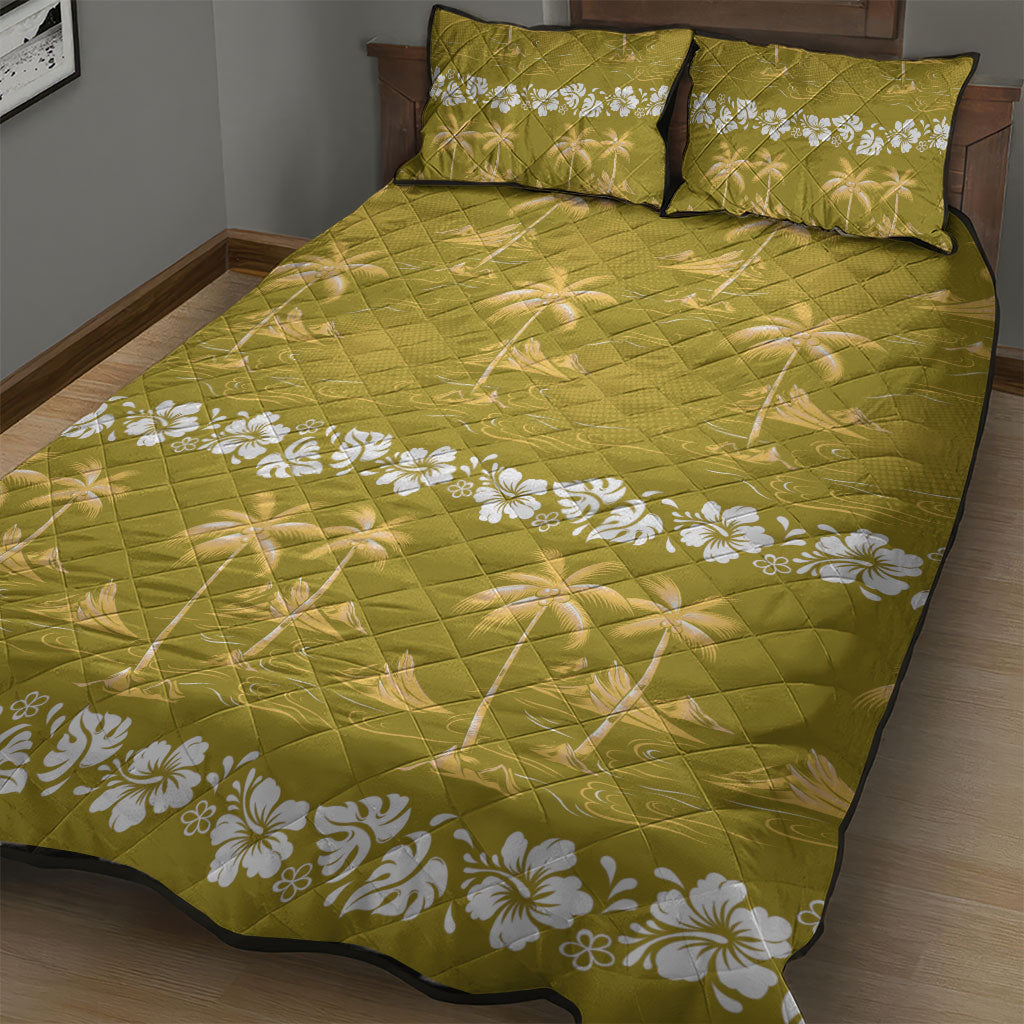 Yellow Hawaii Palm Tree Hibiscus Quilt Bed Set Fantasy Summer Vibe