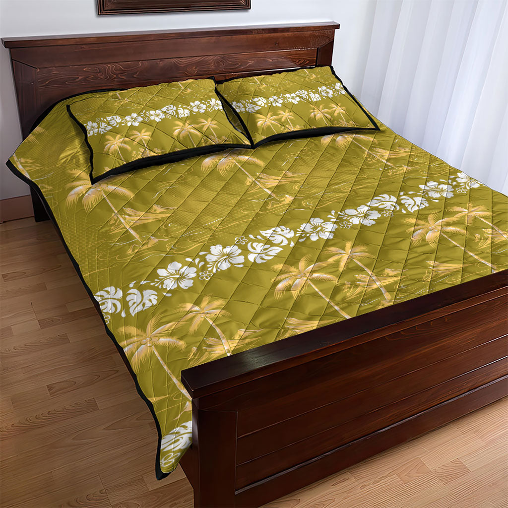 Yellow Hawaii Palm Tree Hibiscus Quilt Bed Set Fantasy Summer Vibe