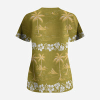 Yellow Hawaii Palm Tree Hibiscus Scrub Top Fantasy Summer Vibe LT01 - Polynesian Pride
