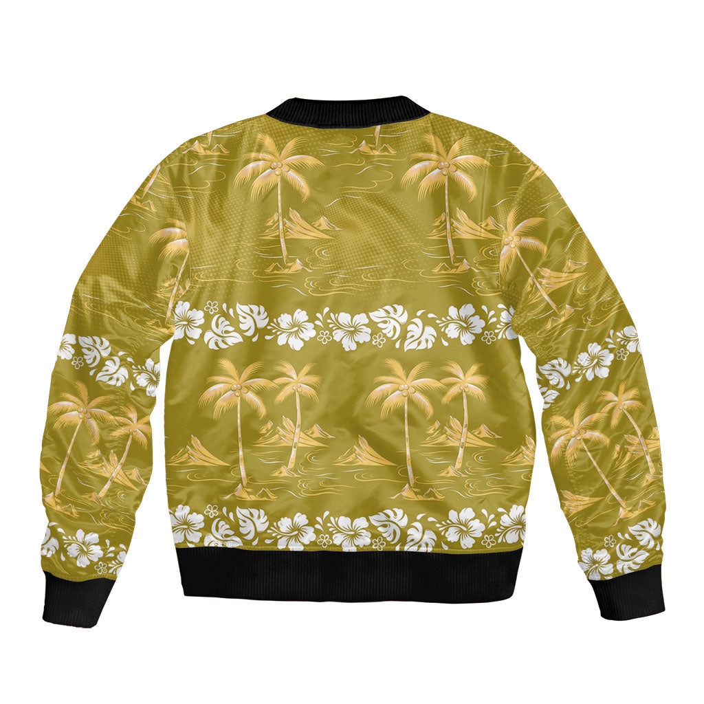 Yellow Hawaii Palm Tree Hibiscus Sleeve Zip Bomber Jacket Fantasy Summer Vibe
