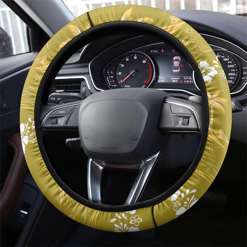 Yellow Hawaii Palm Tree Hibiscus Steering Wheel Cover Fantasy Summer Vibe